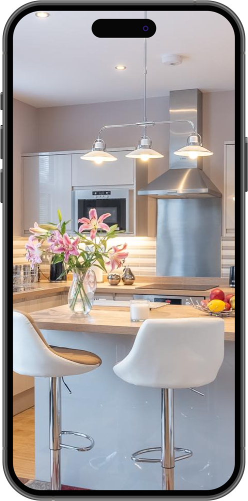 Real estate marketing in Surrey & South West London phone showing luxury kitchen